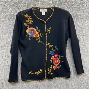 Vintage Womens Floral Embroidered Cardigan M Artsy Boho Knit Cozy Fall Layering
